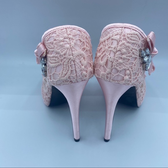 Pink Lace heels Peep Toe Rhinestone Platform Shoes - Picture 5 of 12